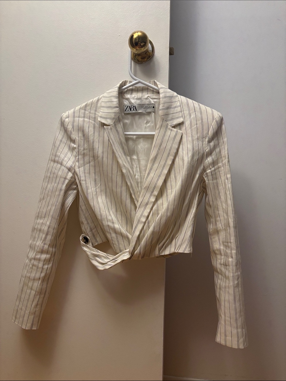 ZARA Cream Pinstripe Cropped Wrap Blazer